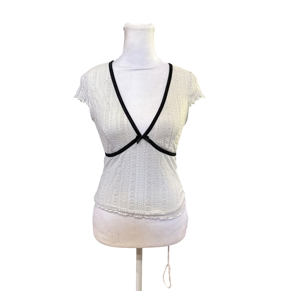 Vintage Thirty Thirty LA White Pointelle Lace V-Neck Top Black Trim Bow Size‎ S